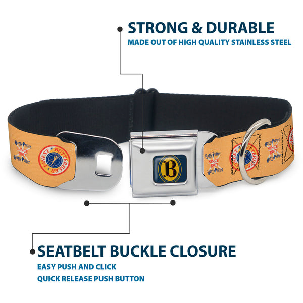 Buckle-Down Harry Potter Butterbeer Logo Full Color Navy/Yellow Seatbelt Buckle Collar - HARRY POTTER SINCE 1867 FINEST BUTTERBEER Icon Yellow/Blue/Red