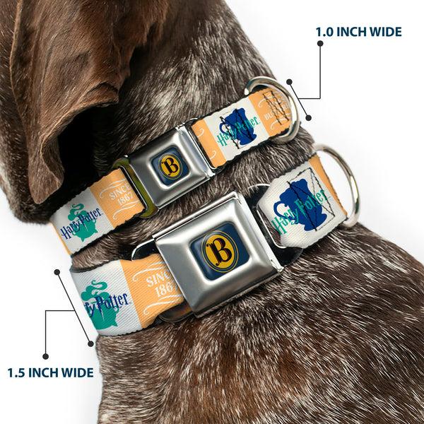 Buckle-Down Harry Potter Butterbeer Logo Full Color Navy/Yellow Seatbelt Buckle Collar - Harry Potter FINEST BUTTERBEER SINCE 1867 Icon Blocks Yellow/White/Blues