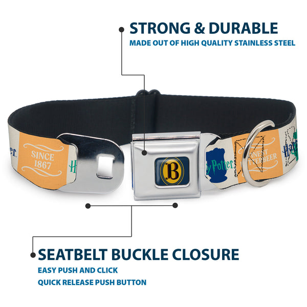 Buckle-Down Harry Potter Butterbeer Logo Full Color Navy/Yellow Seatbelt Buckle Collar - Harry Potter FINEST BUTTERBEER SINCE 1867 Icon Blocks Yellow/White/Blues