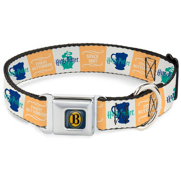 Buckle-Down Harry Potter Butterbeer Logo Full Color Navy/Yellow Seatbelt Buckle Collar - Harry Potter FINEST BUTTERBEER SINCE 1867 Icon Blocks Yellow/White/Blues