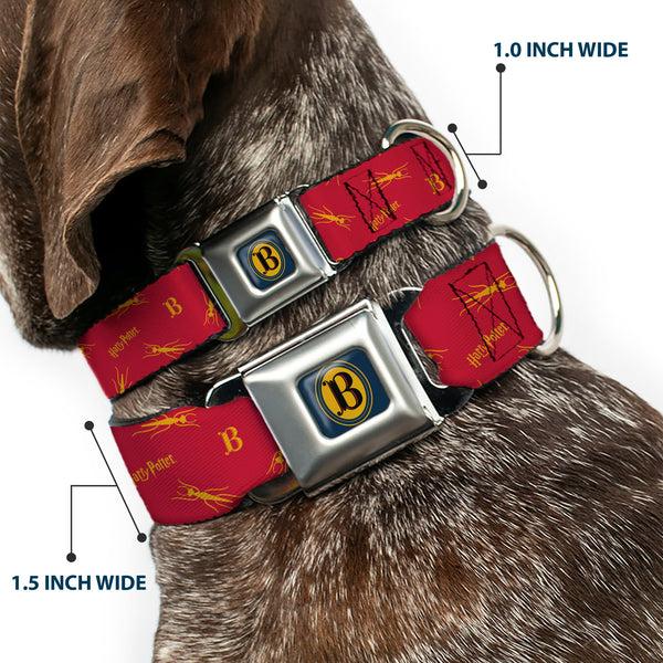 Buckle-Down Harry Potter Butterbeer Logo Full Color Navy/Yellow Seatbelt Buckle Collar - Harry Potter Butterbeer Logo And Insect Icon Scattered Red/Yellow