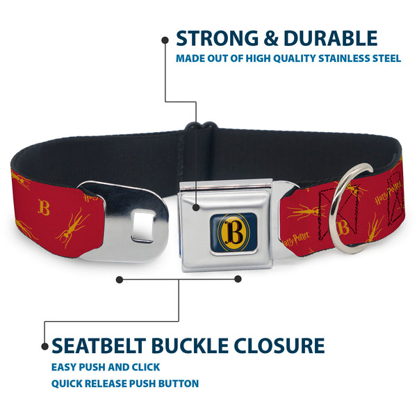 Buckle-Down Harry Potter Butterbeer Logo Full Color Navy/Yellow Seatbelt Buckle Collar - Harry Potter Butterbeer Logo And Insect Icon Scattered Red/Yellow