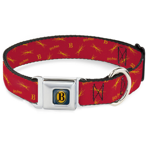 Buckle-Down Harry Potter Butterbeer Logo Full Color Navy/Yellow Seatbelt Buckle Collar - Harry Potter Butterbeer Logo and Insect Icon Scattered Red/Yellow