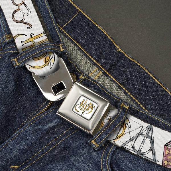 Buckle-Down Harry Potter HP Logo Watercolor Full Color White/Yellows Seatbelt Belt - Harry Potter 4-Icons Watercolor White/Multi Color Webbing