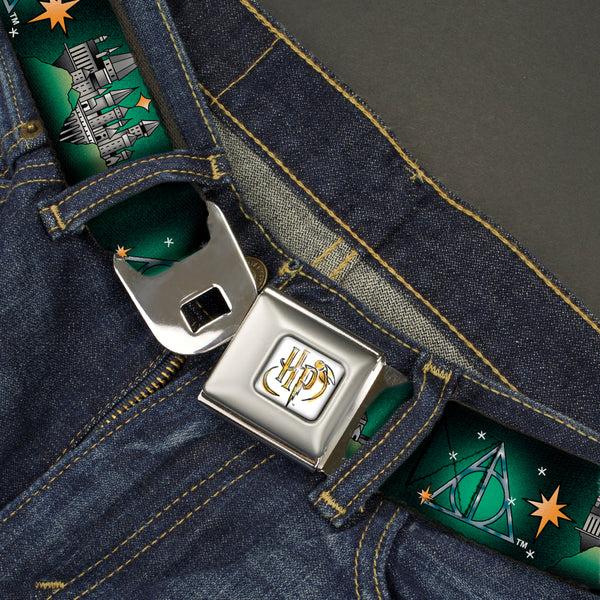 Buckle-Down Harry Potter HP Logo Watercolor Full Color White/Yellows Seatbelt Belt - Harry Potter Hogwarts And Deathly Hallows Tattoo Black/Greens Webbing