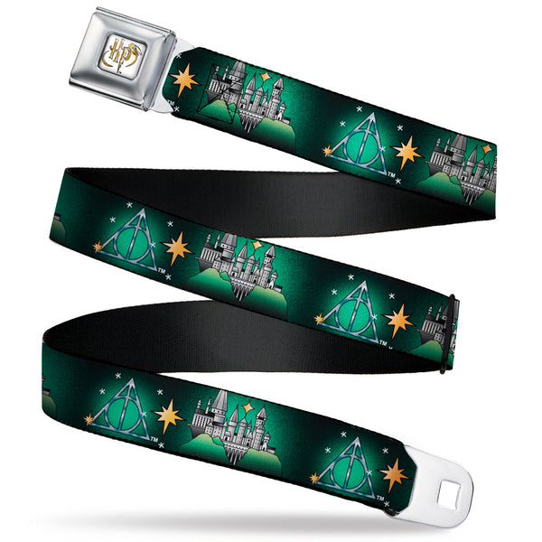 Buckle-Down Harry Potter HP Logo Watercolor Full Color White/Yellows Seatbelt Belt - Harry Potter Hogwarts and Deathly Hallows Tattoo Black/Greens Webbing
