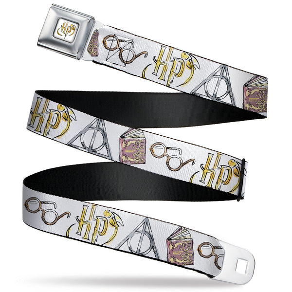 Buckle-Down Harry Potter HP Logo Watercolor Full Color White/Yellows Seatbelt Belt - Harry Potter 4-Icons Watercolor White/Multi Color Webbing