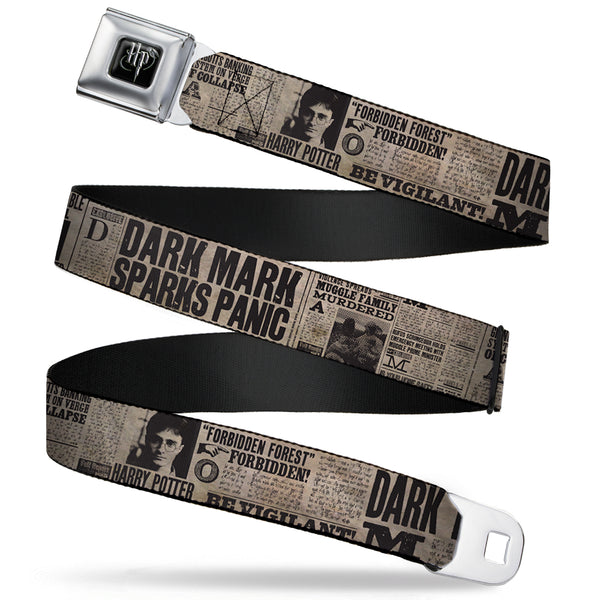 Buckle-Down Harry Potter Logo Full Color Black/White Seatbelt Belt - Harry Potter Newspaper Headlines Webbing