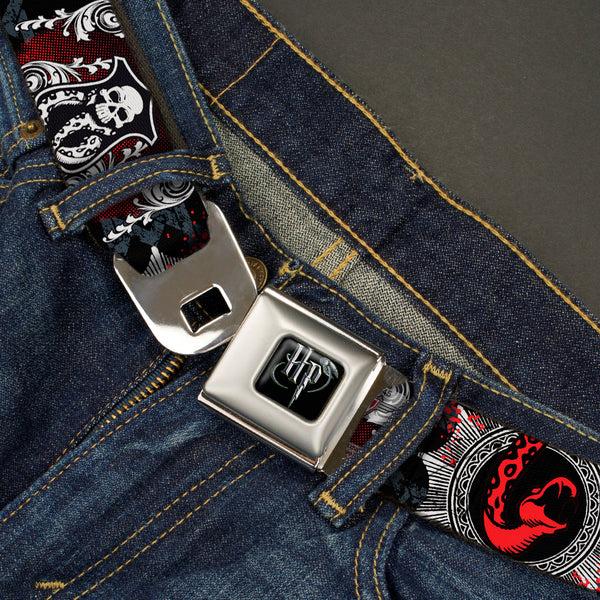 Buckle-Down Harry Potter Logo Full Color Black/White Seatbelt Belt - DEATH EATER Scroll/Symbol Black/Gray/White/Red Webbing
