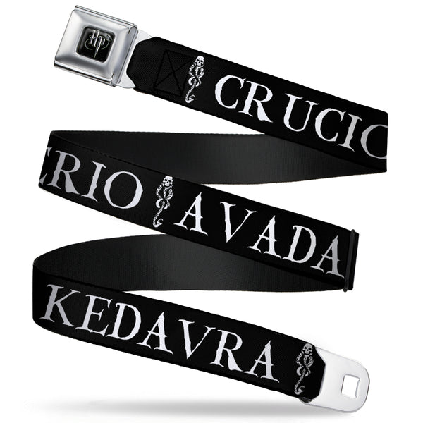 Buckle-Down Harry Potter Logo Full Color Black/White Seatbelt Belt - Harry Potter Unforgivable Curses Black/White Webbing