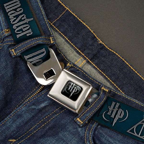 Buckle-Down Harry Potter Logo Full Color Black/White Seatbelt Belt - HP/Deathly Hallows Symbol TOGETHER THEY MAKE ONE MASTER OF DEATH. Blue Fade/Gray Webbing