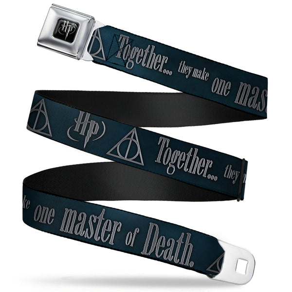 Buckle-Down Harry Potter Logo Full Color Black/White Seatbelt Belt - HP/Deathly Hallows Symbol TOGETHER THEY MAKE ONE MASTER OF DEATH. Blue Fade/Gray Webbing