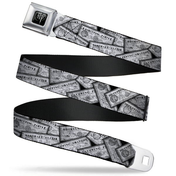 Buckle-Down Harry Potter Logo Full Color Black/White Seatbelt Belt - Harry Potter Potion Labels Webbing