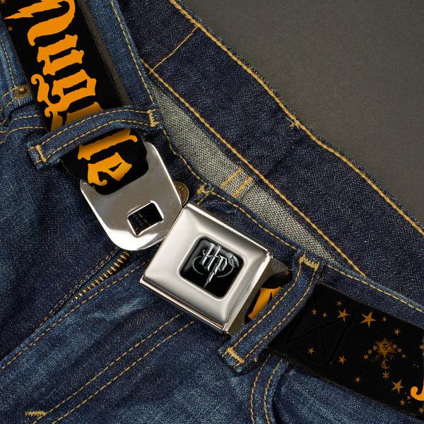 Buckle-Down Harry Potter Logo Full Color Black/White Seatbelt Belt - MUGGLE/Stars Black/Gold Webbing