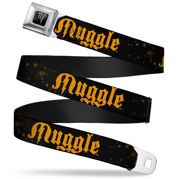 Buckle-Down Harry Potter Logo Full Color Black/White Seatbelt Belt - MUGGLE/Stars Black/Gold Webbing