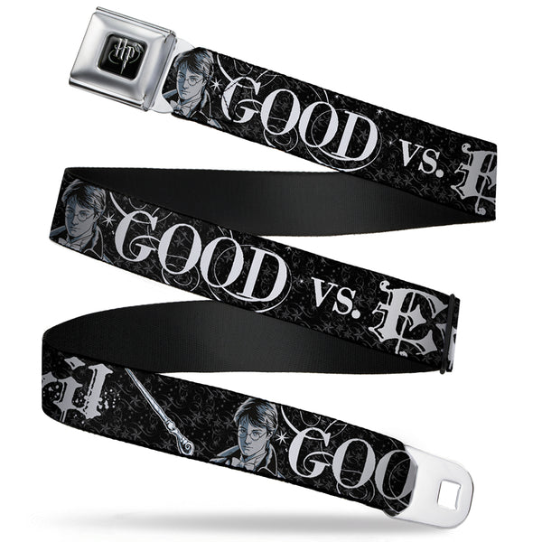 Buckle-Down Harry Potter Logo Full Color Black/White Seatbelt Belt - Harry Potter GOOD VS. EVIL Black/White Webbing