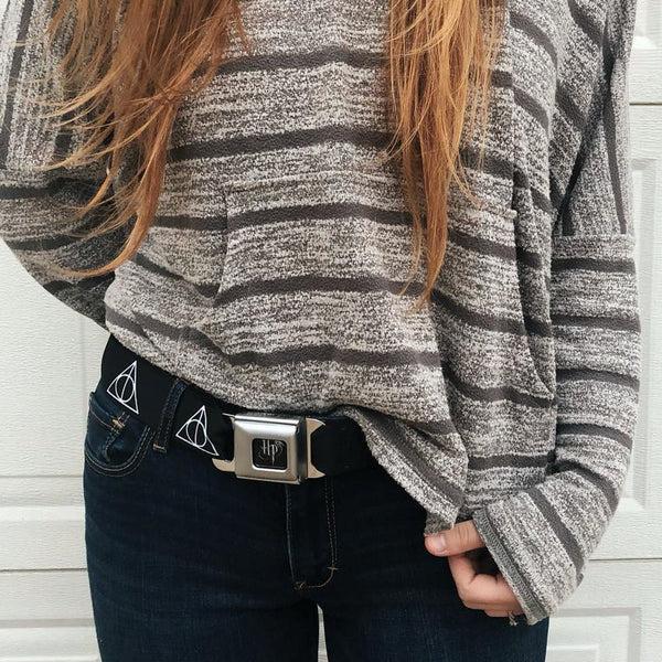 Buckle-Down Harry Potter Logo Full Color Black/White Seatbelt Belt - Deathly Hallows Symbol Black/White Webbing