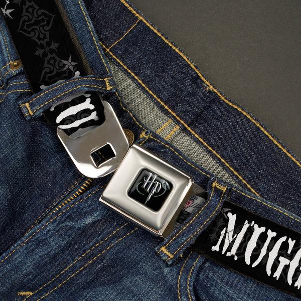 Buckle-Down Harry Potter Logo Full Color Black/White Seatbelt Belt - MUGGLES Black/Gray/White Webbing