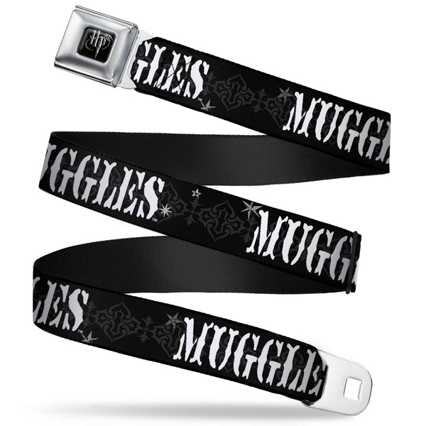 Buckle-Down Harry Potter Logo Full Color Black/White Seatbelt Belt - MUGGLES Black/Gray/White Webbing