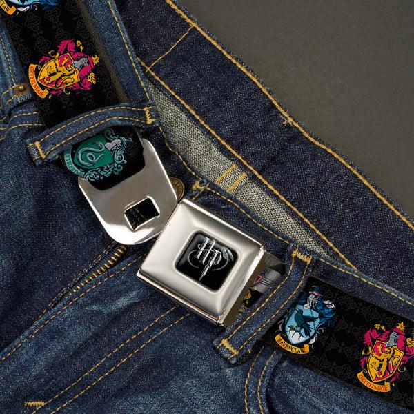 Buckle-Down Harry Potter Logo Full Color Black/White Seatbelt Belt - HARRY POTTER Hufflepuff/Ravenclaw/Gryffindor/Slytherin Coat Of Arms Black Webbing