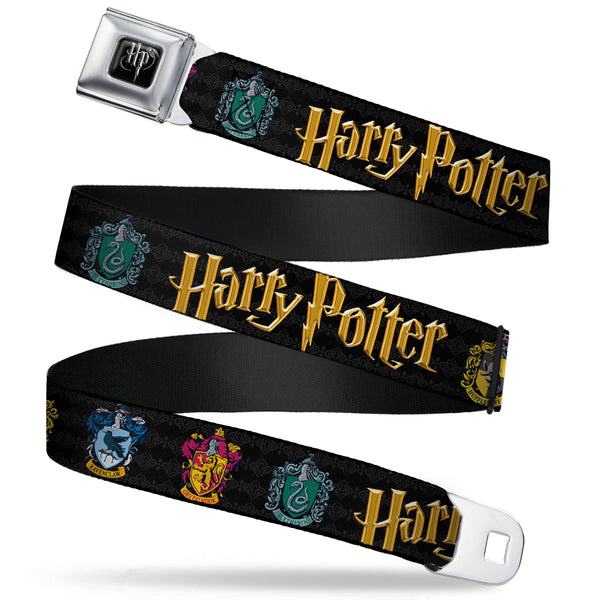 Buckle-Down Harry Potter Logo Full Color Black/White Seatbelt Belt - HARRY POTTER Hufflepuff/Ravenclaw/Gryffindor/Slytherin Coat Of Arms Black Webbing