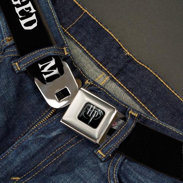Buckle-Down Harry Potter Logo Full Color Black/White Seatbelt Belt - Harry Potter MISCHIEF MANAGED Black/White Webbing