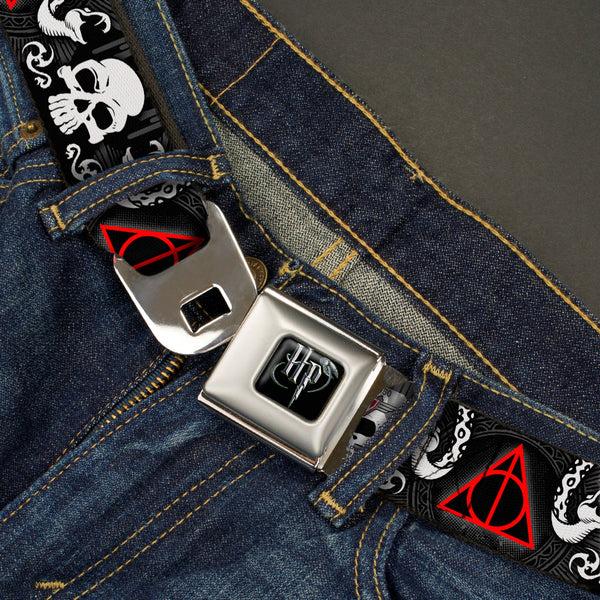 Buckle-Down Harry Potter Logo Full Color Black/White Seatbelt Belt - Deathly Hallows Symbol/Death Mark Skull/Snakes Black/Gray/White/Red Webbing