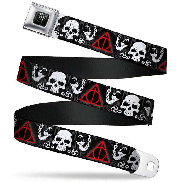 Buckle-Down Harry Potter Logo Full Color Black/White Seatbelt Belt - Deathly Hallows Symbol/Death Mark Skull/Snakes Black/Gray/White/Red Webbing
