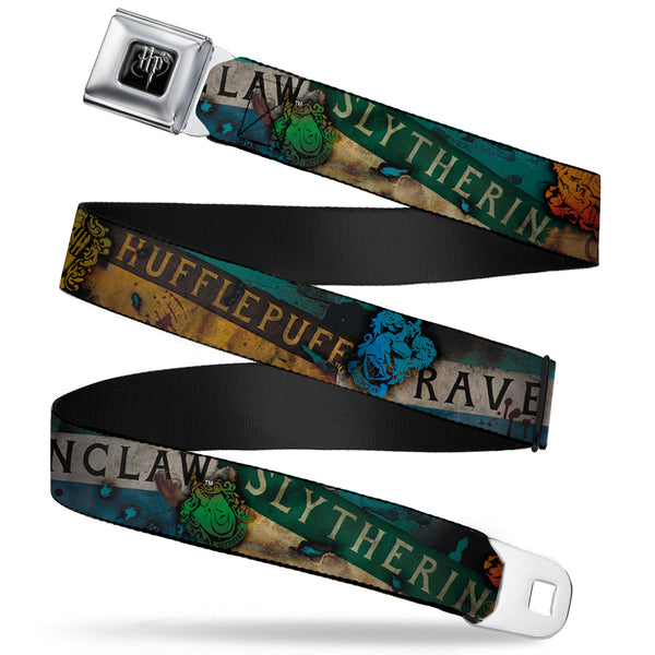 Buckle-Down Harry Potter Logo Full Color Black/White Seatbelt Belt - Hogwarts House Banners & Logos Webbing