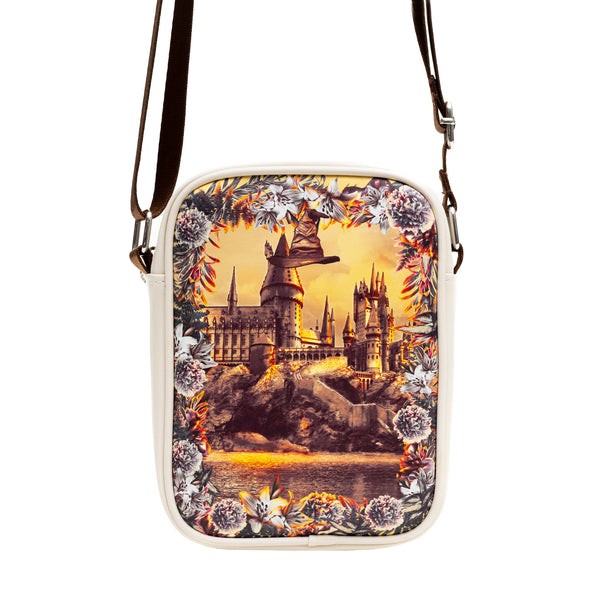 Buckle-Down Harry Potter Vegan Leather Round Crossbody Bag With Adjustable Straps Hogwarts Floral Fantasy Off White