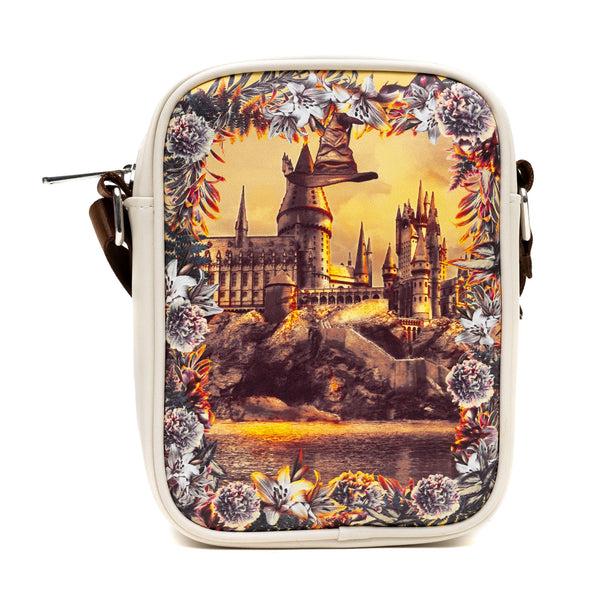 Buckle-Down Harry Potter Vegan Leather Round Crossbody Bag with Adjustable Straps Hogwarts Floral Fantasy Off White