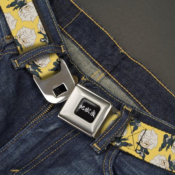 Buckle-Down Hell's Paradise Kanji Title Logo Full Color Black/White Seatbelt Belt - Hell's Paradise Chibi Gabimaru Poses Scattered Yellow Webbing