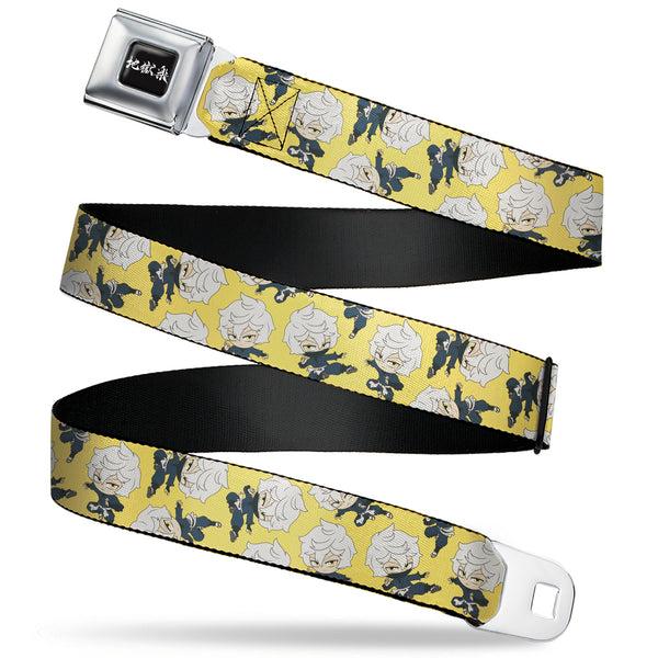 Buckle-Down Hell's Paradise Kanji Title Logo Full Color Black/White Seatbelt Belt - Hell's Paradise Chibi Gabimaru Poses Scattered Yellow Webbing