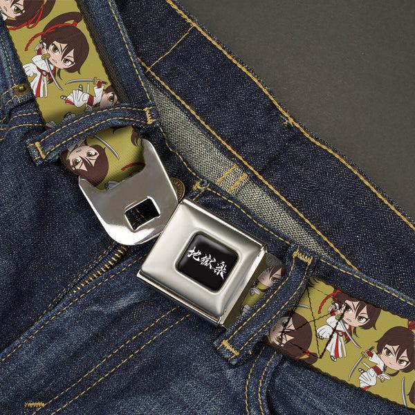 Buckle-Down Hell's Paradise Kanji Title Logo Full Color Black/White Seatbelt Belt - Hell's Paradise Chibi Sagiri Sword Poses Scattered Golden Yellow Webbing
