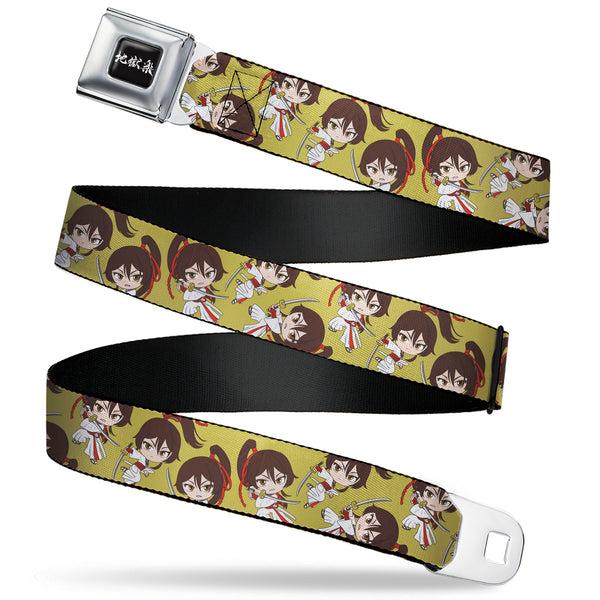 Buckle-Down Hell's Paradise Kanji Title Logo Full Color Black/White Seatbelt Belt - Hell's Paradise Chibi Sagiri Sword Poses Scattered Golden Yellow Webbing