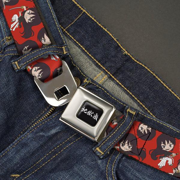 Buckle-Down Hell's Paradise Kanji Title Logo Full Color Black/White Seatbelt Belt - Hell's Paradise Chibi Aza Toma Sword Poses Scattered Red Webbing