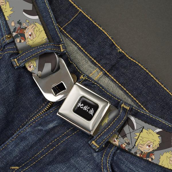 Buckle-Down Hell's Paradise Kanji Title Logo Full Color Black/White Seatbelt Belt - Hell's Paradise Chibi Aza Chobei Axe Poses Scattered Gray Webbing