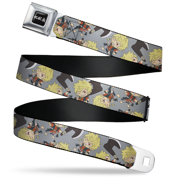 Buckle-Down Hell's Paradise Kanji Title Logo Full Color Black/White Seatbelt Belt - Hell's Paradise Chibi Aza Chobei Axe Poses Scattered Gray Webbing