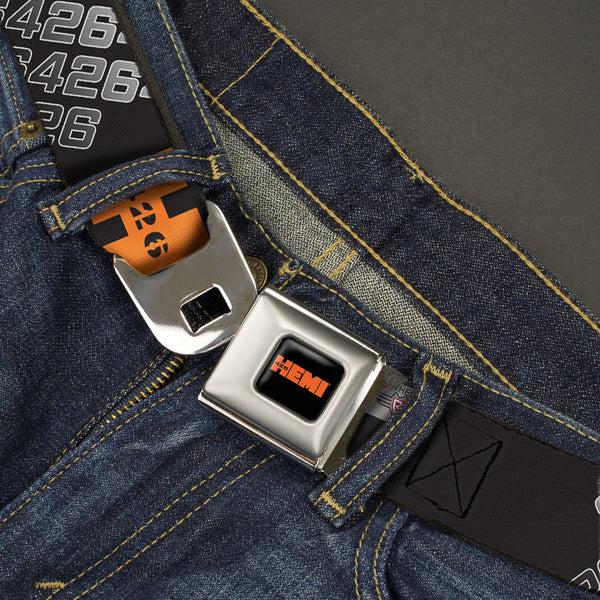 Buckle-Down HEMI 426 Logo Full Color Black Orange Seatbelt Belt - HEMI 426 Logo 392/426 Black/Orange/Silver-Fade Webbing