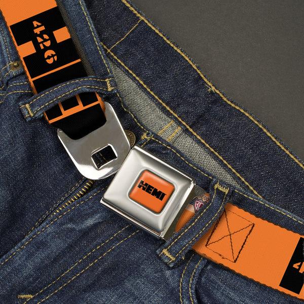 Buckle-Down HEMI 426 Logo Full Color Orange Black Seatbelt Belt - HEMI 426 Logo Repeat Orange/Black Webbing