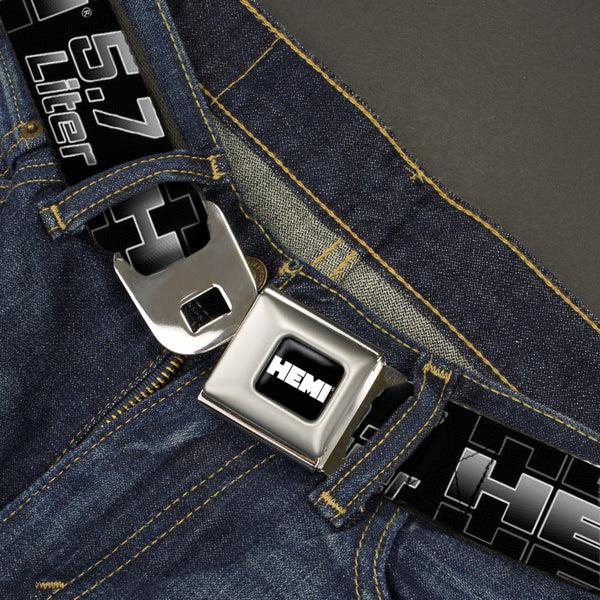 Buckle-Down HEMI Bold Full Color Black/White Seatbelt Belt - HEMI 5.7 LITER Black/White/Silver-Fade Webbing
