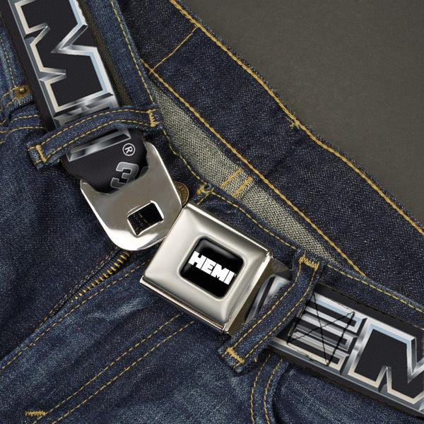 Buckle-Down HEMI Bold Full Color Black/White Seatbelt Belt - HEMI Bold Outline 392/426 Black/Silver-Fade Webbing