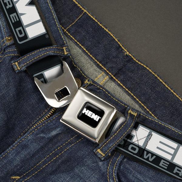 Buckle-Down HEMI Bold Full Color Black/White Seatbelt Belt - HEMI POWERED Logo Black/Gray/White Webbing