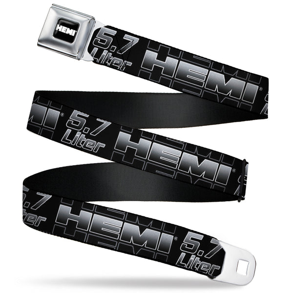 Buckle-Down HEMI Bold Full Color Black/White Seatbelt Belt - HEMI 5.7 LITER Black/White/Silver-Fade Webbing