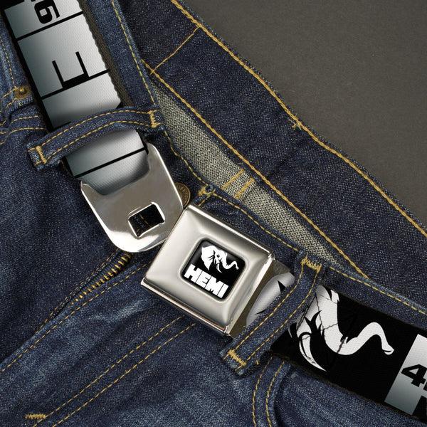 Buckle-Down HEMI Elephant Logo Full Color Black/White Seatbelt Belt - HEMI 426/Elephant Logo 50 YEARS Black/White/Silver-Fade Webbing