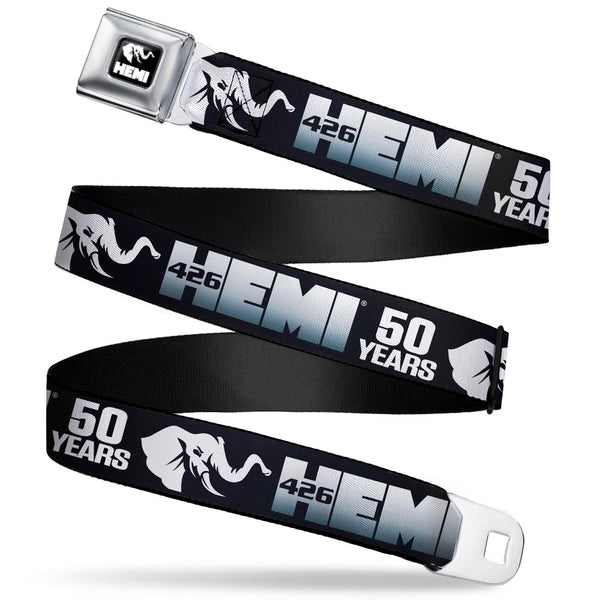 Buckle-Down HEMI Elephant Logo Full Color Black/White Seatbelt Belt - HEMI 426/Elephant Logo 50 YEARS Black/White/Silver-Fade Webbing