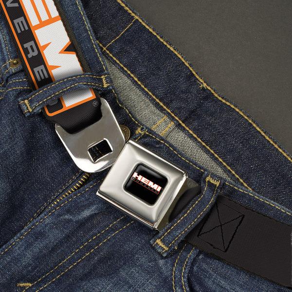 Buckle-Down HEMI POWERED Logo Full Color Black Orange White Gray Seatbelt Belt - HEMI POWERED Logo Repeat Black/Orange/White/Gray Webbing