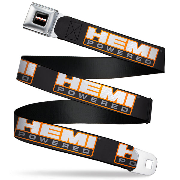 Buckle-Down HEMI POWERED Logo Full Color Black Orange White Gray Seatbelt Belt - HEMI POWERED Logo Repeat Black/Orange/White/Gray Webbing