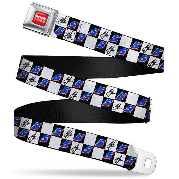 Buckle-Down HENDRICK MOTORSPORTS Checker Logo Full Color Red/White Seatbelt Belt - Kyle Larson Autograph and #5 Checker Logo Black/White/Blue/Red Webbing