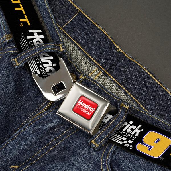 Buckle-Down HENDRICK MOTORSPORTS Checker Logo Full Color Red/White Seatbelt Belt - CHASE ELLIOTT #9 Hendrick Motorsports Racing Logo Black/White/Blue/Yellow Webbing